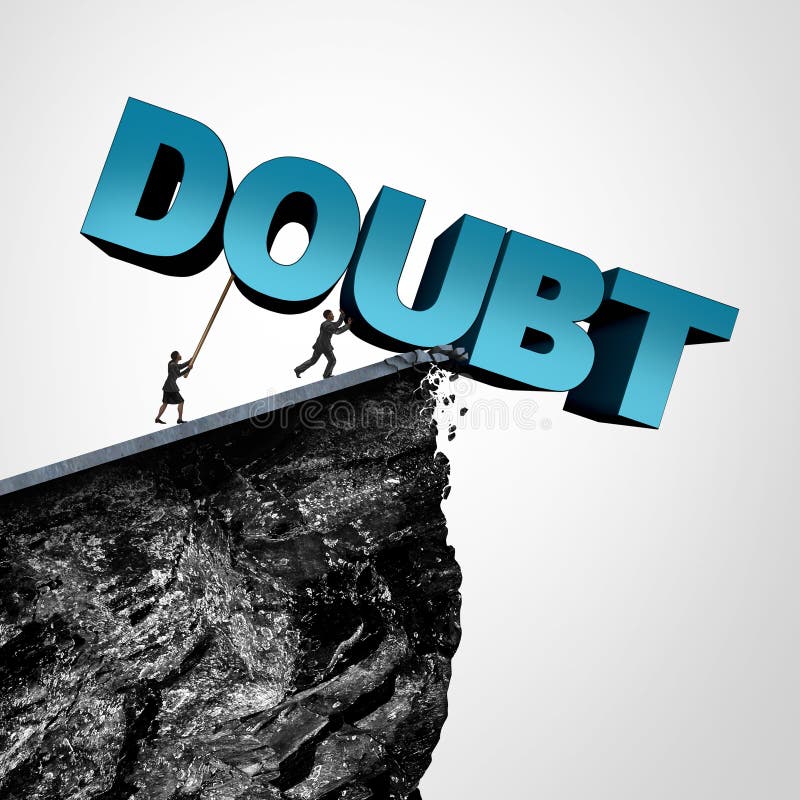 Overcome doubt concept and increase confidence and belief or faith as people pushing text over a cliff as a business or lifestyle metaphor for fearless motivation to succeed with 3D illustration elements. Overcome doubt concept and increase confidence and belief or faith as people pushing text over a cliff as a business or lifestyle metaphor for fearless motivation to succeed with 3D illustration elements.