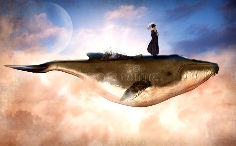Υπερφυσική πετώντας φάλαινα Humpback και μια γυναίκα στην κορυφή διανυσματική απεικόνιση Υπερφυσική πετώντας φάλαινα Humpback και μια γυναίκα στην κορυφή διανυσματική απεικόνιση