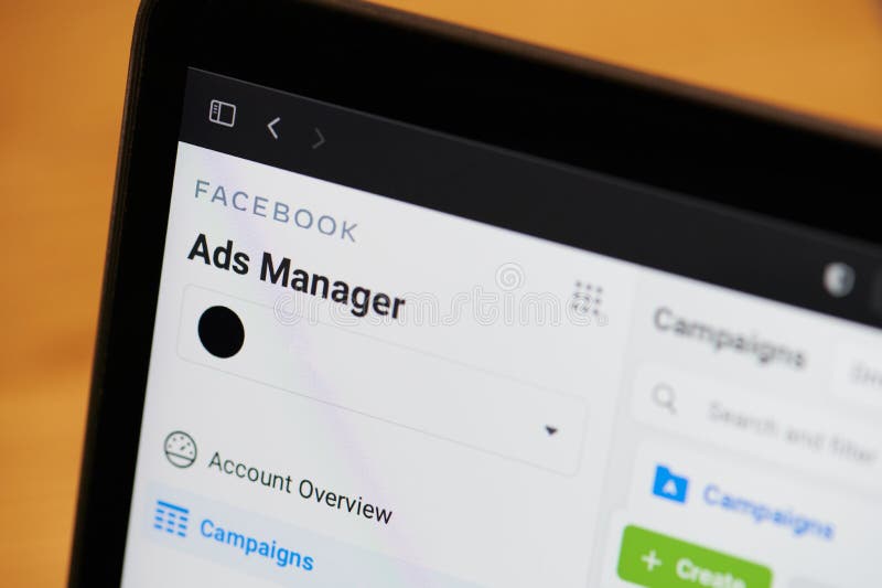 New york, USA - January 4, 2021: Facebook ads manager tool macro close up view in laptop screen. New york, USA - January 4, 2021: Facebook ads manager tool macro close up view in laptop screen