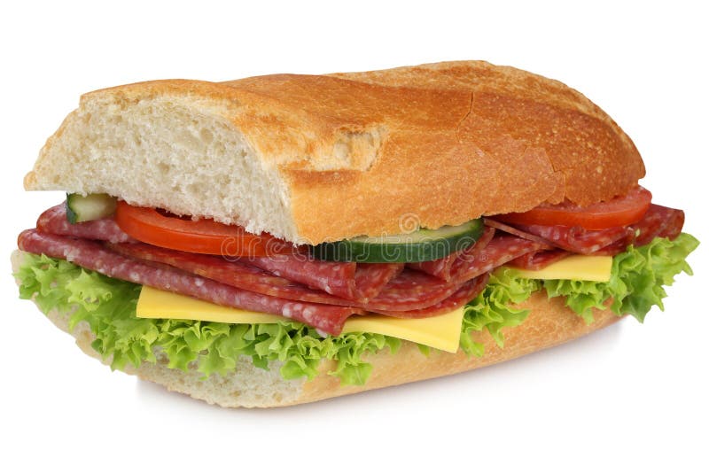 Υπο- baguette σάντουιτς με το ζαμπόν σαλαμιού για το πρόγευμα που απομονώνεται στοκ εικόνα