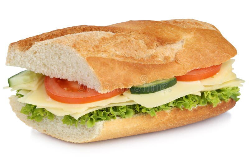 Υπο- baguette σάντουιτς με το τυρί για το πρόγευμα που απομονώνεται στοκ εικόνες