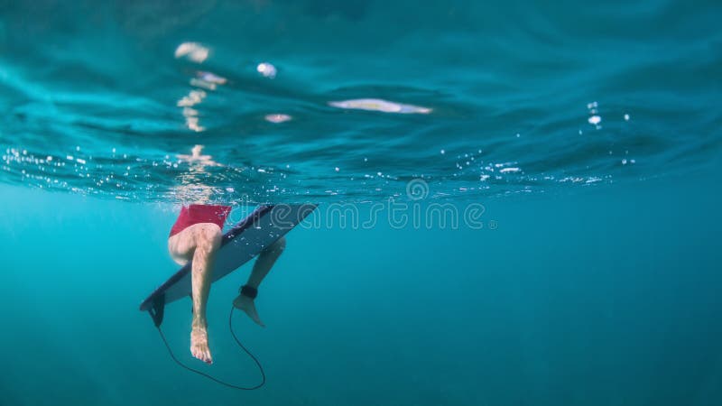 Υποβρύχια φωτογραφία του κοριτσιού surfer στον πίνακα κυματωγών στον ωκεανό στοκ εικόνες με δικαίωμα ελεύθερης χρήσης