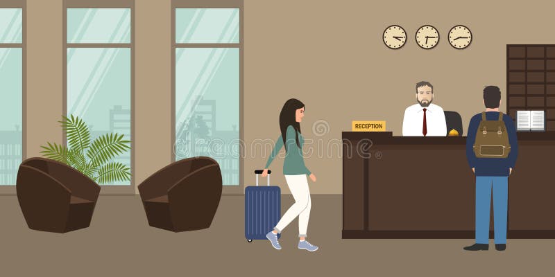 Υποδοχή ξενοδοχείων Στάσεις ατόμων ρεσεψιονίστ στο γραφείο υποδοχής απεικόνιση αποθεμάτων Υποδοχή ξενοδοχείων Στάσεις ατόμων ρεσεψιονίστ στο γραφείο υποδοχής απεικόνιση αποθεμάτων