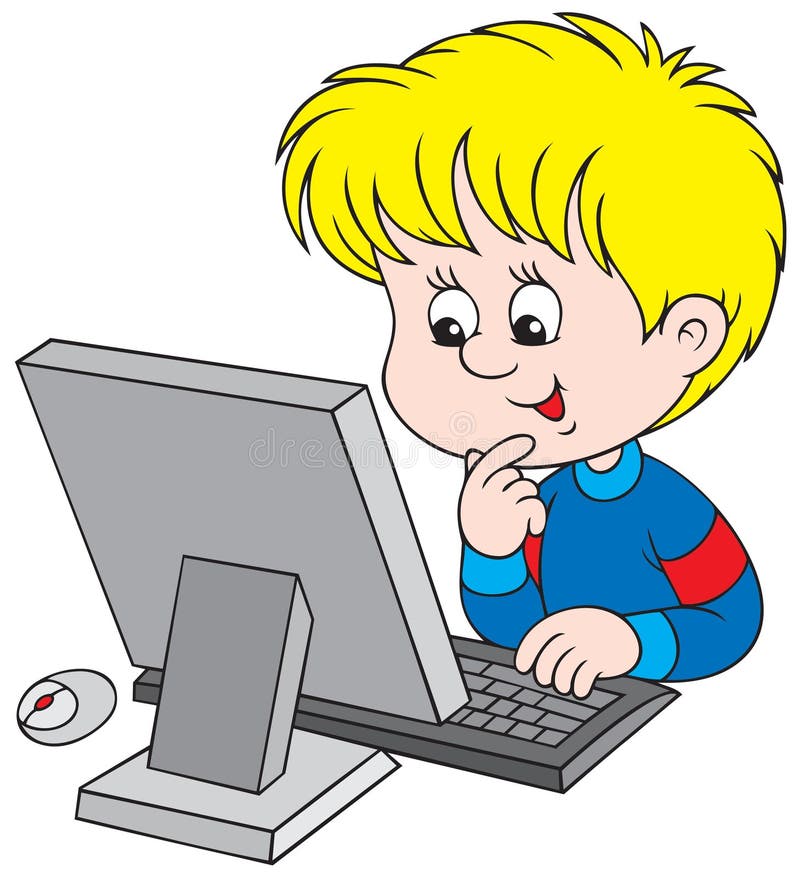 Little boy sitting at the table and looking at the computer monitor Vector clip-art / funny character for your design. Little boy sitting at the table and looking at the computer monitor Vector clip-art / funny character for your design