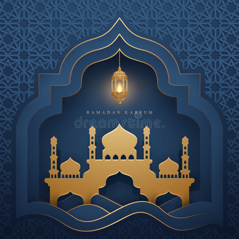 Υπόβαθρο Ramadan kareem με το καμμένος κρεμώντας φανάρι και το μουσουλμανικό τέμενος Το υπόβαθρο ευχετήριων καρτών πολυτέλειας με