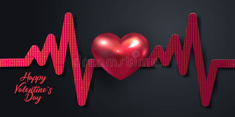 Valentines day holiday background with 3d metal red heart and imitation of heart rate on black background. Love concept Vector illustration. Valentines day holiday background with 3d metal red heart and imitation of heart rate on black background. Love concept Vector illustration