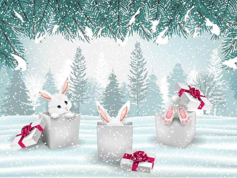 Christmas holiday background with three adorable white rabbits in gift boxes. Winter landscape. Vector illustration. Christmas holiday background with three adorable white rabbits in gift boxes. Winter landscape. Vector illustration