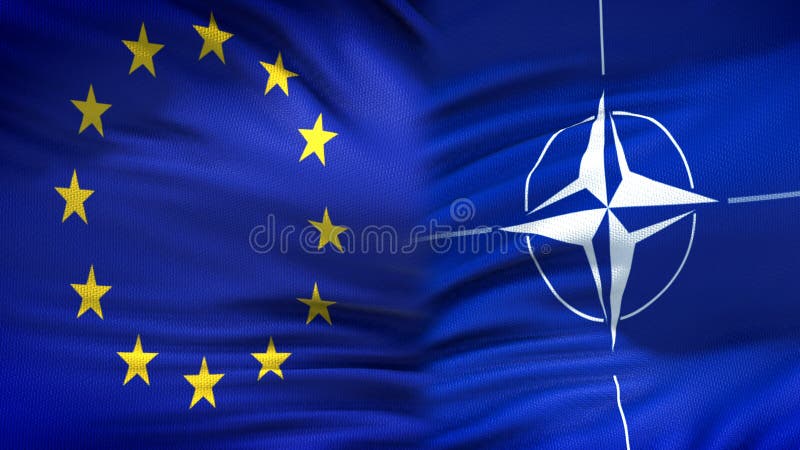 Υπόβαθρο σημαιών της Ευρωπαϊκής Ένωσης και του ΝΑΤΟ, διπλωματικός και οικονομικές σχέσεις στοκ εικόνα Υπόβαθρο σημαιών της Ευρωπαϊκής Ένωσης και του ΝΑΤΟ, διπλωματικός και οικονομικές σχέσεις στοκ εικόνα