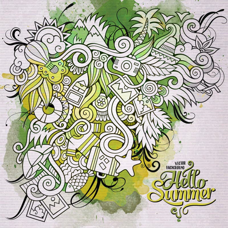 Υπόβαθρο τέχνης watercolor θερινών doodles στοιχείων απεικόνιση αποθεμάτων Υπόβαθρο τέχνης watercolor θερινών doodles στοιχείων απεικόνιση αποθεμάτων