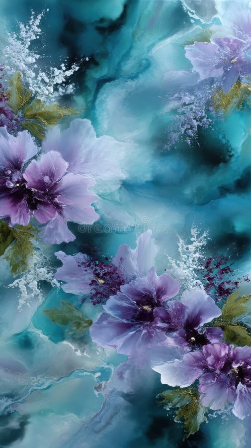 Υφή Floral με άνθη Lavender σε στυλ Teal Swirl Background Fluid Art στοκ εικόνες με δικαίωμα ελεύθερης χρήσης