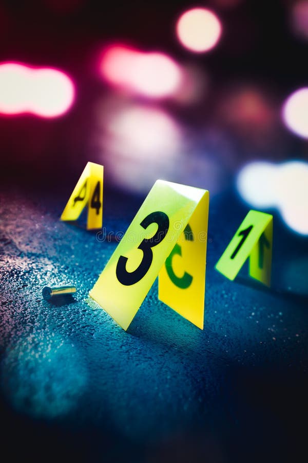 Crime scene with evidence markers, high contrast image. Crime scene with evidence markers, high contrast image