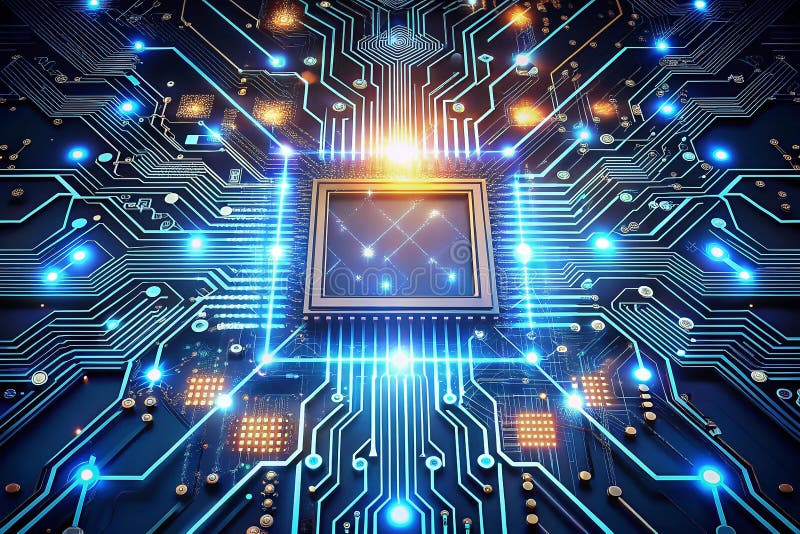 Υψηλής τεχνολογίας CPU στην πλακέτα κυκλώματος με λαμπερό δίκτυο.
