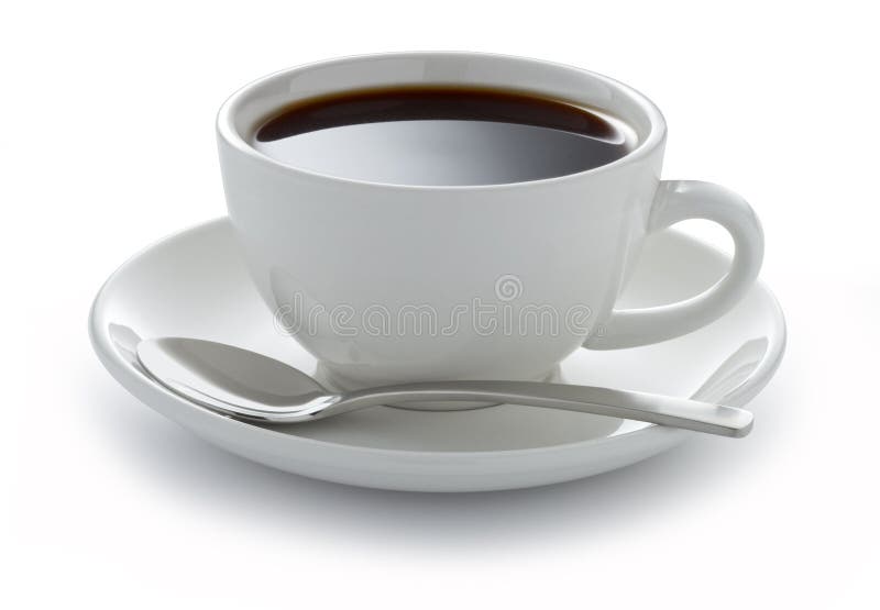 A white coffee cup full of black coffee on a white background. A white coffee cup full of black coffee on a white background