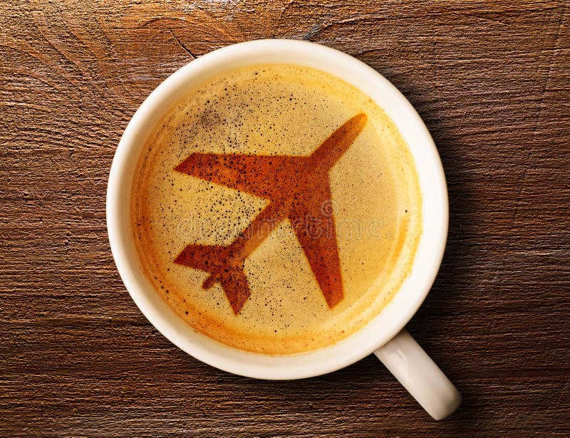 Airport coffee cup. fresh espresso on table, view from above. Airport coffee cup. fresh espresso on table, view from above