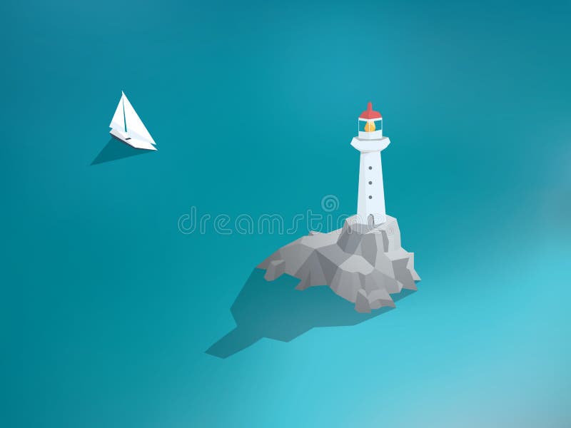 Lighthouse in ocean. Low poly design building. Sea scenery with yacht or sailing boat. Eps10 vector illustration. Lighthouse in ocean. Low poly design building. Sea scenery with yacht or sailing boat. Eps10 vector illustration.