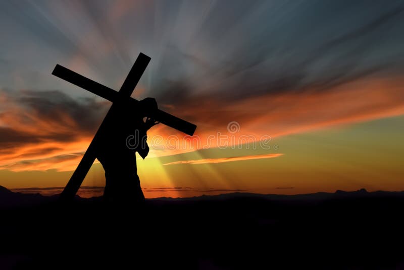 Christ carrying cross up Calvary on Good Friday over dark and stormy sky. Christ carrying cross up Calvary on Good Friday over dark and stormy sky