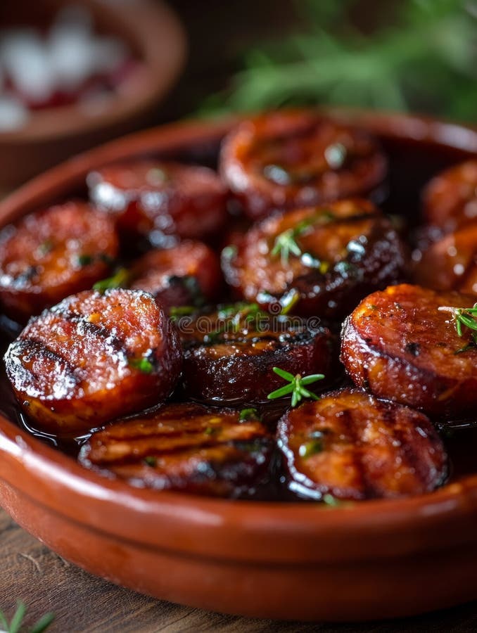 Φέτες από ψητό chorizo σε ένα ανθεκτικό πιάτο με βότανα. στοκ φωτογραφίες