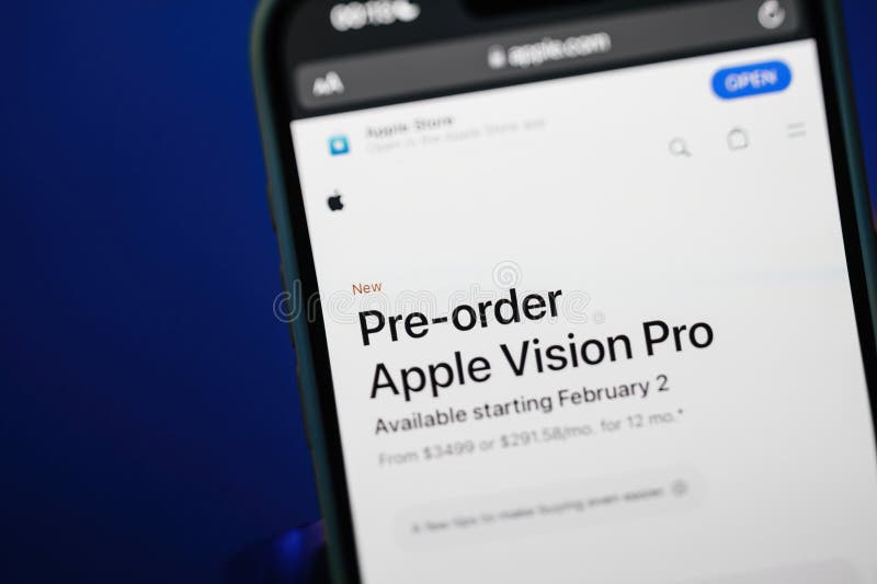 California, USA - Jan 21, 2024: Close-up macro shot of Apple Computers website on the new iPhone 15 Pro using a tilt-shift lens to showcase the latest pre-order process for the Apple Vision Pro headset. California, USA - Jan 21, 2024: Close-up macro shot of Apple Computers website on the new iPhone 15 Pro using a tilt-shift lens to showcase the latest pre-order process for the Apple Vision Pro headset