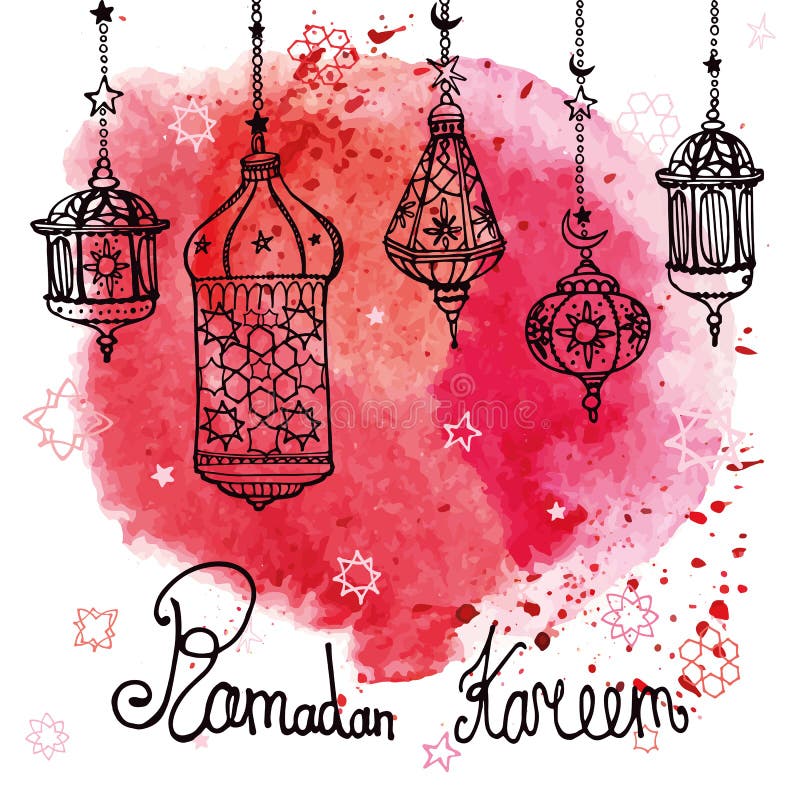 Φανάρι Ramadan Kareem doodle Κόκκινο Watercolor