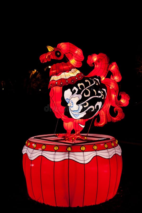 Tallinn, Estonia- December 25, 2019: Lantern in the shape of a symbol of the year - Rooster. Chinese zodiac animals. Festival the of lights â€žThe Great Lanterns of China. Tallinn, Estonia- December 25, 2019: Lantern in the shape of a symbol of the year - Rooster. Chinese zodiac animals. Festival the of lights â€žThe Great Lanterns of China
