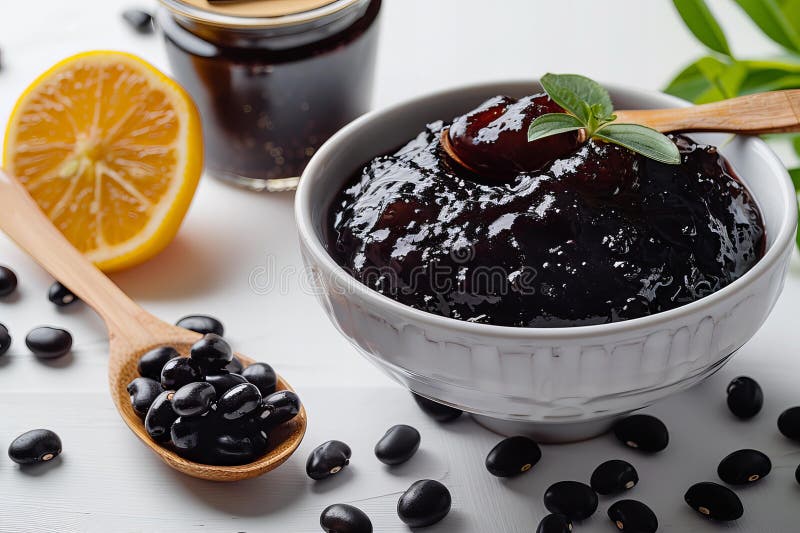 Φασόλια Blackujia σε μπολ και ξύλινο κουτάλι με μαύρη ζελέ σε λευκό φόντο πραγματική φωτογραφία διανυσματική απεικόνιση