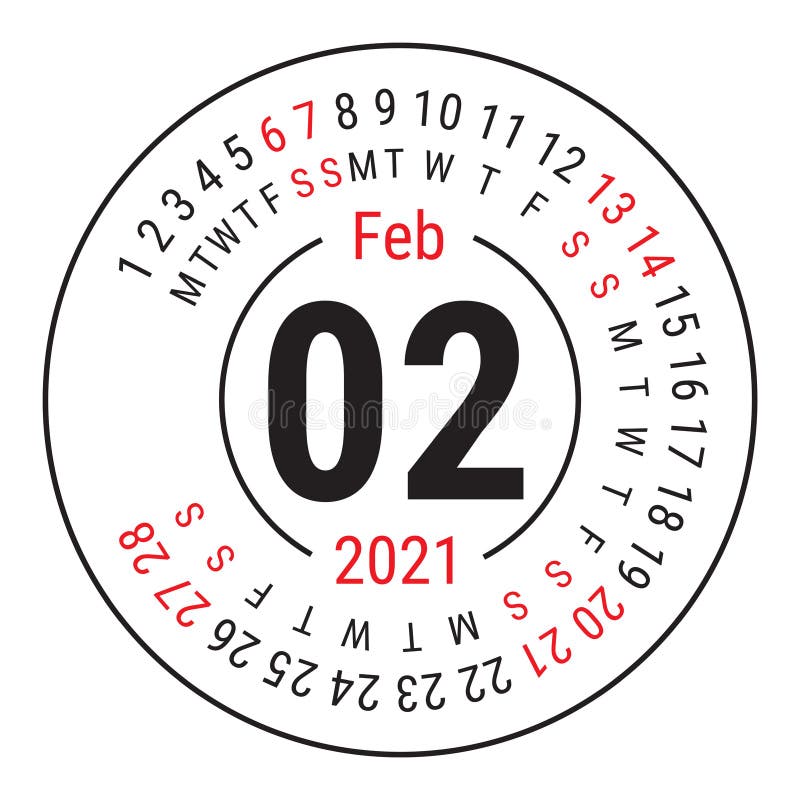 φεβρουάριος 2021. αγγλικό ημερολόγιο. στρογγυλό ημερολόγιο. η εβδομάδα ξεκινά την κυριακή. πρότυπο σχεδίασης. κύκλος. δεύτερος μήν απεικόνιση αποθεμάτων
