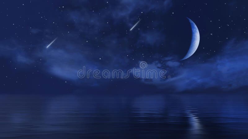 Φεγγάρι και πεσόντα αστέρια στον νυχτερινό ουρανό πάνω από τον ήρεμο ωκεανό