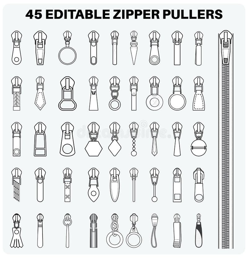 Zipper pullers flat sketch vector illustration set, different types of Zip pull for fasteners, dresses garments, bags, Fashion illustration, Clothing and Accessories. Zipper pullers flat sketch vector illustration set, different types of Zip pull for fasteners, dresses garments, bags, Fashion illustration, Clothing and Accessories