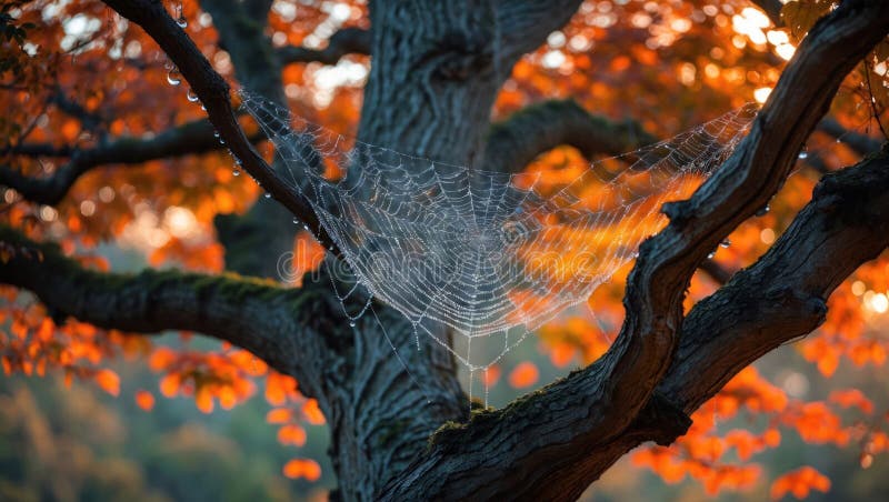 Φθινοπωρινές σταγόνες στο Spiderweb σε πολύχρωμα δέντρα απεικόνιση αποθεμάτων