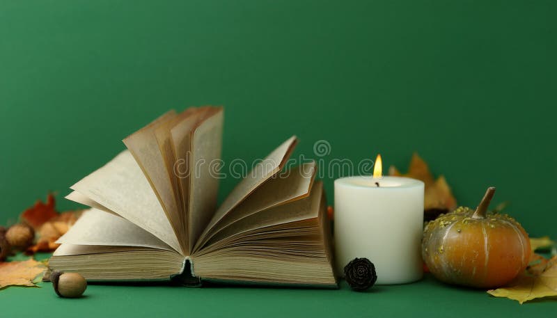 Φθινοπωρινή διακόσμηση με κεριά και άνοιγμα βιβλίου σε πράσινο φόντο. Χώρος κειμένου διανυσματική απεικόνιση