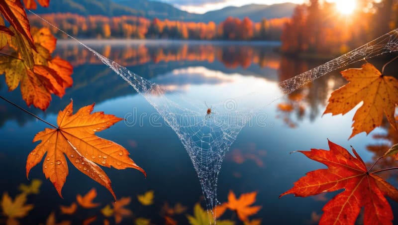 Φθινοπωρινό Spiderweb πάνω από τη λίμνη με πολύχρωμα φύλλα σφενδάμνου διανυσματική απεικόνιση