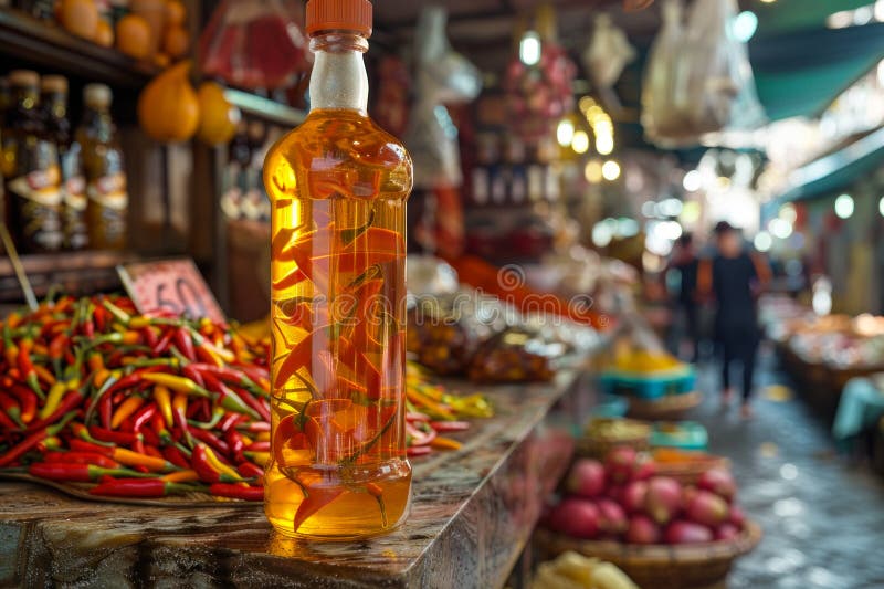 A tall bottle of infused olive oil adorned with chili peppers stands on a wooden stall at a vibrant market... AI generated. A tall bottle of infused olive oil adorned with chili peppers stands on a wooden stall at a vibrant market... AI generated