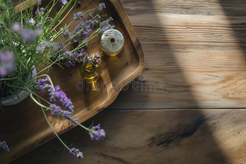 φιάλη φυσικού ελαιολάδου και λουλούδια λεβάντα στο τραπέζι. καλλυντικό προϊόν στοκ εικόνα με δικαίωμα ελεύθερης χρήσης
