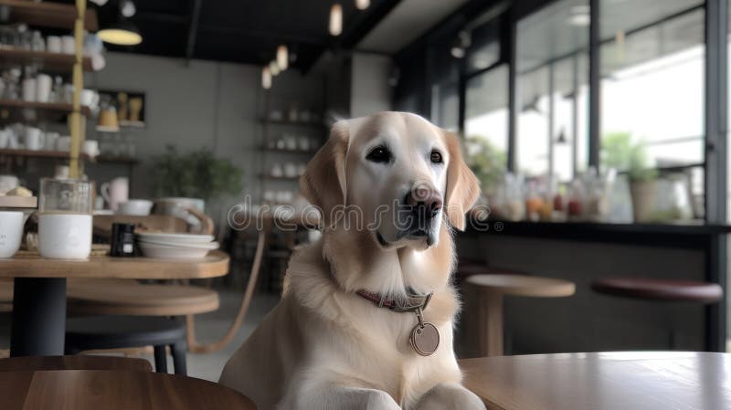 φιλική προς τα ζώα καφετέρια. σκύλος labrador σε καφετέρια κοντά. διανυσματική απεικόνιση