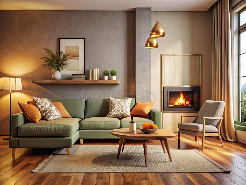 Φιλικός χώρος διαβίωσης AIGenerated Cozy Mockup Μια ρεαλιστική σκηνή για το τζάκι, έμπνευση για τον εσωτερικό σχεδιασμό απεικόνιση αποθεμάτων