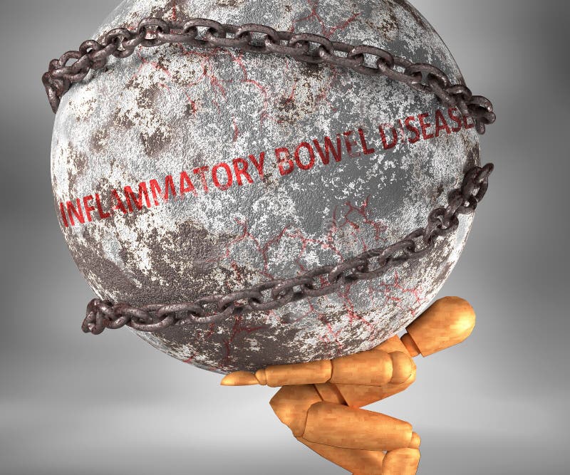 Inflammatory bowel disease and hardship in life - pictured by word Inflammatory bowel disease as a heavy weight on shoulders to symbolize Inflammatory bowel disease as a burden, 3d illustration. Inflammatory bowel disease and hardship in life - pictured by word Inflammatory bowel disease as a heavy weight on shoulders to symbolize Inflammatory bowel disease as a burden, 3d illustration.