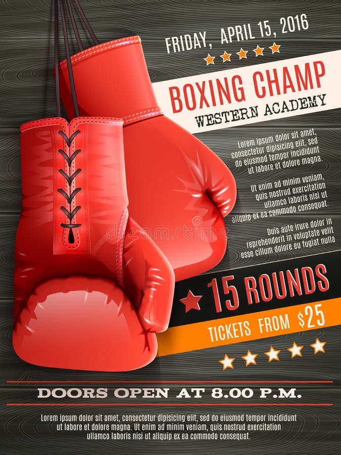 Boxing champ poster with realistic red gloves on wooden background vector illustration. Boxing champ poster with realistic red gloves on wooden background vector illustration