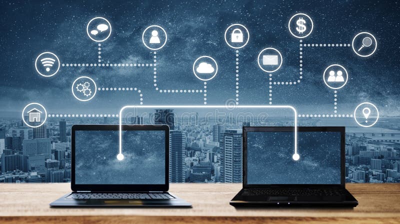 Laptop computers with network connection and sharing data to other devices. Internet networking and connections. Laptop computers with network connection and sharing data to other devices. Internet networking and connections