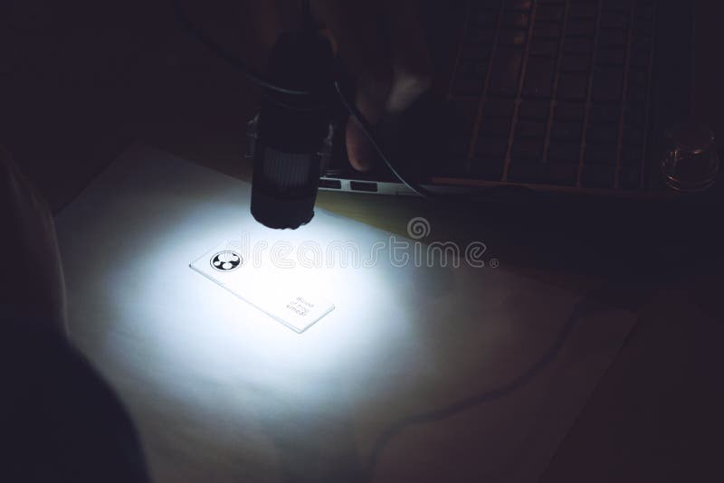 Φορητό ψηφιακό μικροσκόπιο USB που συνδέεται με ένα lap-top Το άτομο εξετάζει το βιολογικό ιστό στοκ εικόνα με δικαίωμα ελεύθερης χρήσης Φορητό ψηφιακό μικροσκόπιο USB που συνδέεται με ένα lap-top Το άτομο εξετάζει το βιολογικό ιστό στοκ εικόνα με δικαίωμα ελεύθερης χρήσης