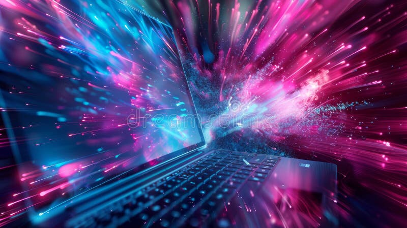 A laptop with a vibrant cosmic energy burst of blue and pink colors, symbolizing high-speed technology and digital innovation. A laptop with a vibrant cosmic energy burst of blue and pink colors, symbolizing high-speed technology and digital innovation