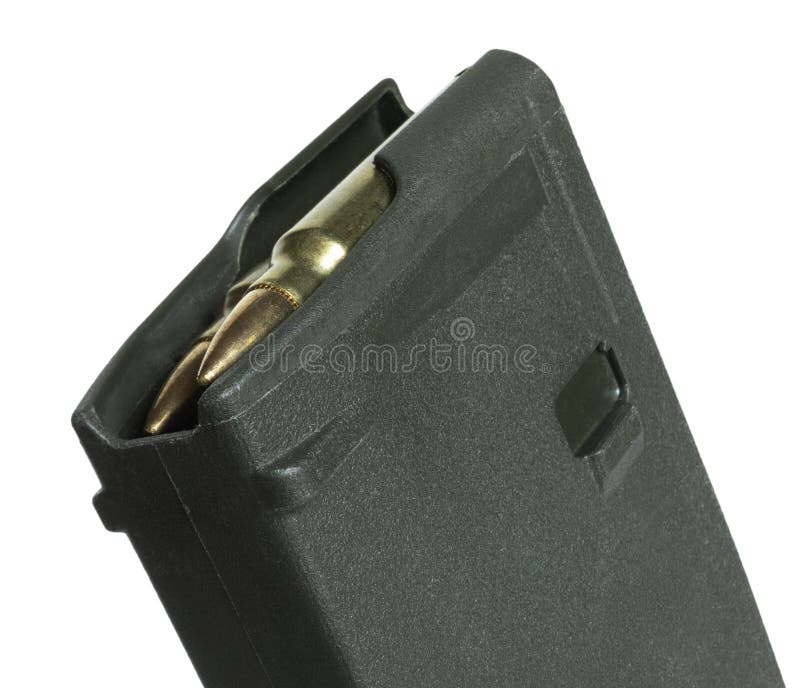 Magazine for an AR-15 made from polymer fully loaded with 30 rounds isolated in a studio shot. Magazine for an AR-15 made from polymer fully loaded with 30 rounds isolated in a studio shot