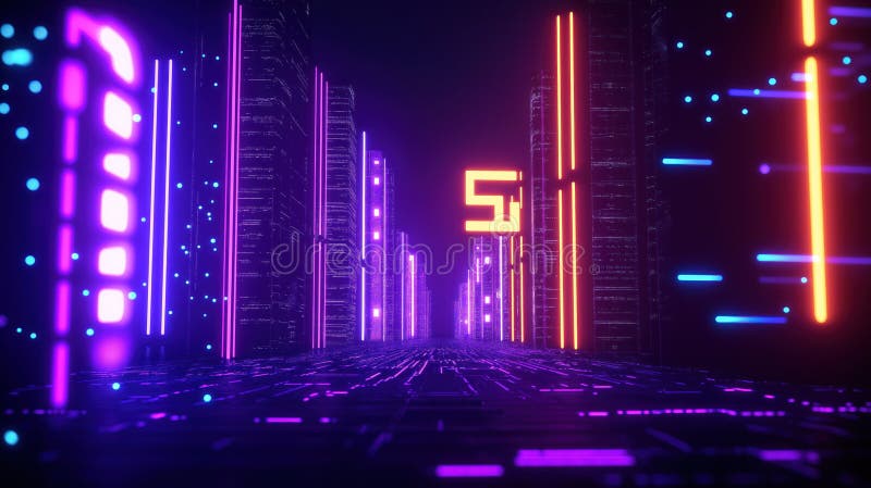 φουτουριστικά φώτα νέον. cyberpunk νυχτερινή σκηνή ψηφιακό δίκτυο 5g tech. μοβ ροζ μπλε πορτοκαλί χρώματα. επιστημονική διανυσματική απεικόνιση