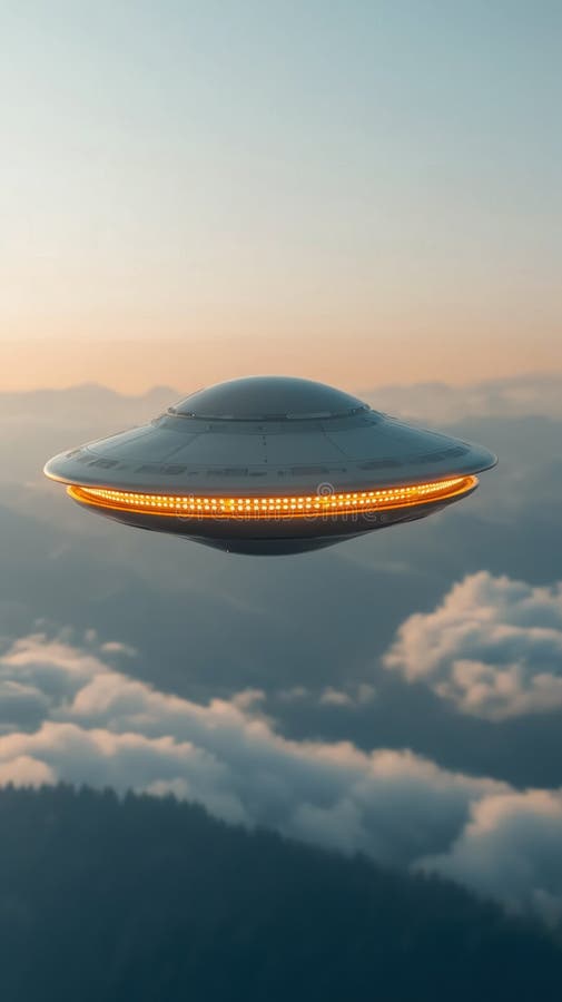 φουτουριστική ufo πετά πάνω από πυκνά σύννεφα στο φωτεινό ηλιόλουστο ουρανό διανυσματική απεικόνιση