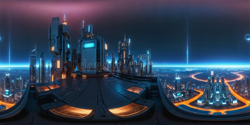 Θέα μιας φουτουριστικής cyberpunk νυχτερινής πόλης. Αδιάλειπτο σφαιρικό πανόραμα 360 μοιρών ελεύθερη απεικόνιση δικαιώματος