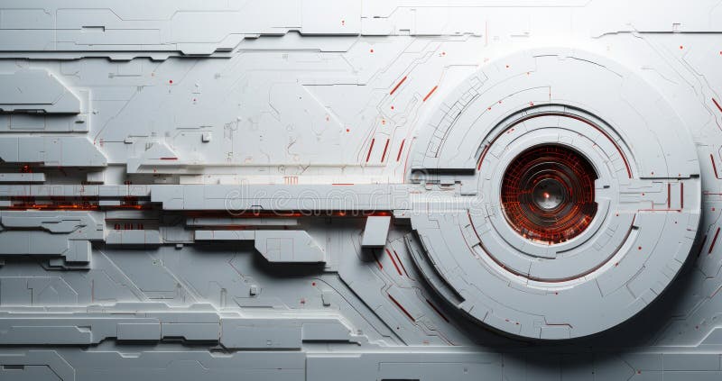 φουτουριστική λευκή οθόνη scifi με περίπλοκα μοτίβα και κόκκινες επισημάνσεις δημιουργώντας ένα αφηρημένο τεχνολογικό φόντο ελεύθερη απεικόνιση δικαιώματος