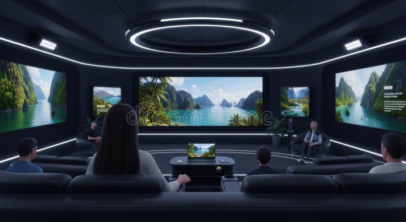φουτουριστικό home theater με οθόνες ωκεάνιας προβολής διανυσματική απεικόνιση