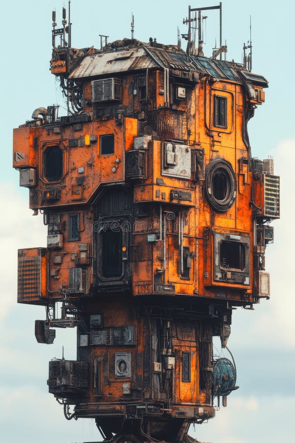 Φουτουριστικό κτίριο Rustic Orange με περίπλοκες λεπτομέρειες και κεραίες ενάντια σε έναν θολό ουρανό σε δυστοπικό αστικό περιβάλλ απεικόνιση αποθεμάτων