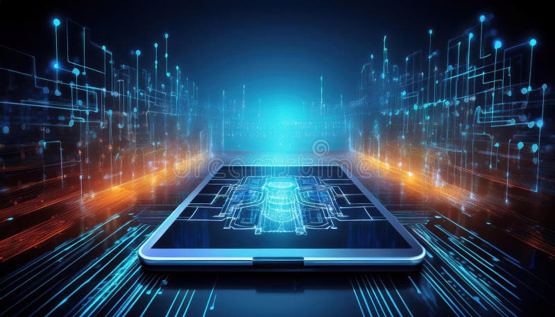 φουτουριστικό ψηφιακό tablet με λαμπερές διαδρομές μπλόκα και επίπεδα ασφαλείας που αναπαριστούν προηγμένα χρηματοπιστωτικά συστήμ απεικόνιση αποθεμάτων