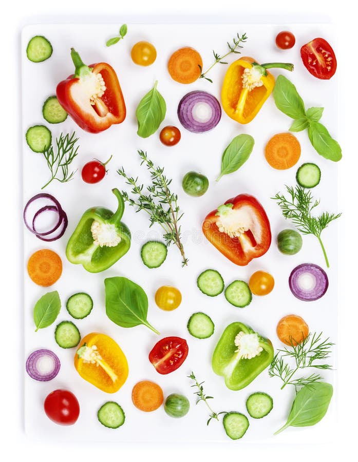 Composition of Fresh organic vegetables pepper, onion, cucumber, carrot, tomatoe, herbs, olive oil and vinegar isolated on white background, top view. Composition of Fresh organic vegetables pepper, onion, cucumber, carrot, tomatoe, herbs, olive oil and vinegar isolated on white background, top view