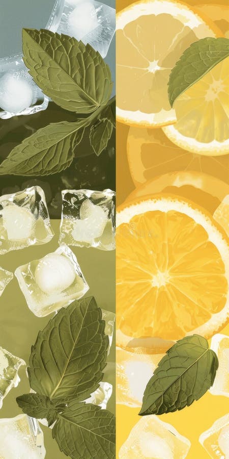 Fresh Citrus Lemon Slices and Mint Leaves with Ice Cubes in a Vibrant Split Image. AI generated. Fresh Citrus Lemon Slices and Mint Leaves with Ice Cubes in a Vibrant Split Image. AI generated